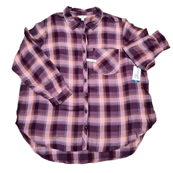 Terra & Sky Tops - Terra & Sky Women's Plus Button Down Shirt Plaid Long Sleeve Size 1X, 2X Purple
